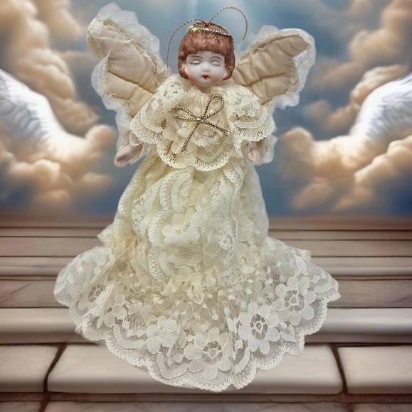 Heavenly Angel Ornament Tree Topper Porcelain Face & Hands, Wings Lace Dress - Picture 1 of 11